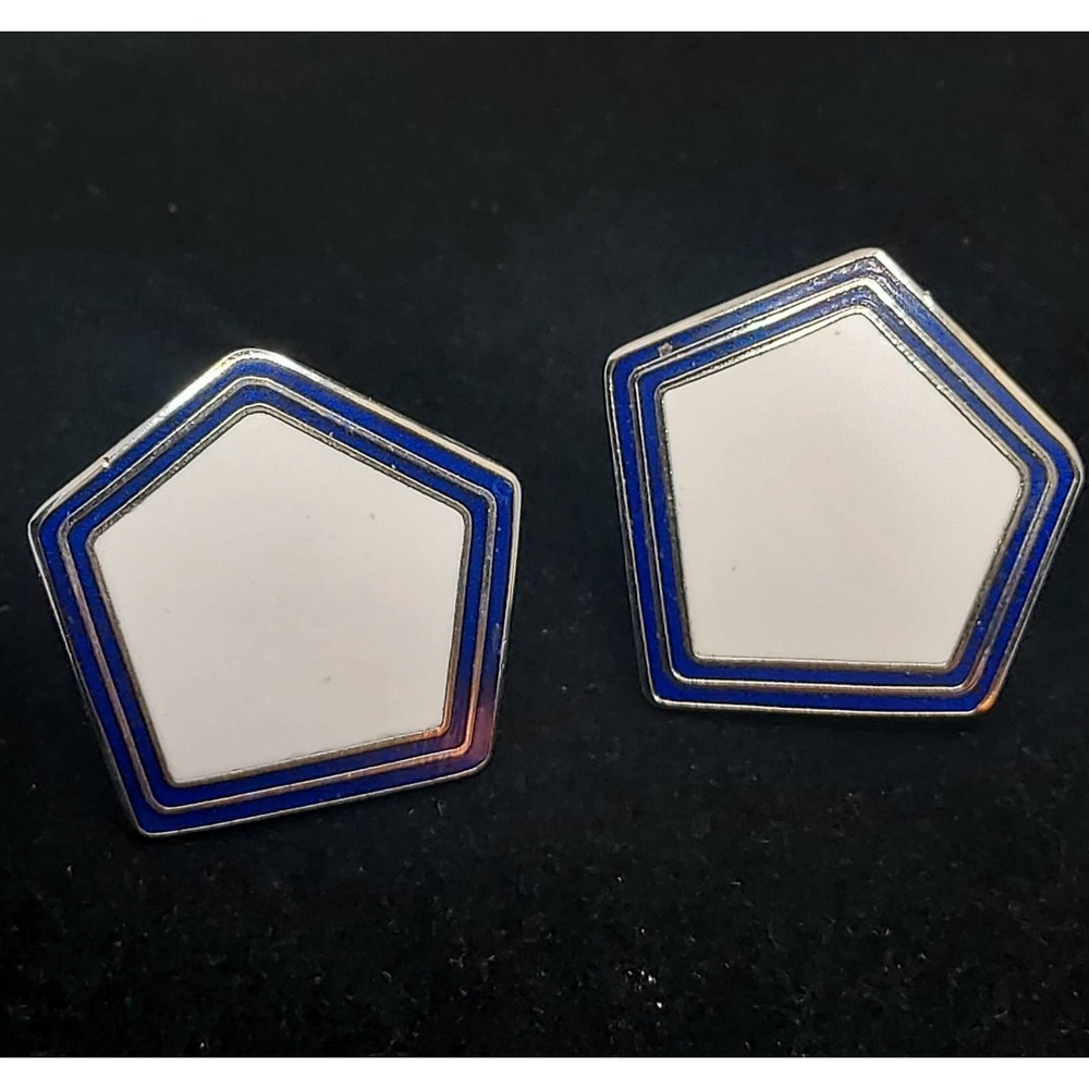 Signed Roman Brand Blue and White Enamel Earrings 1980s Costume Jewelry